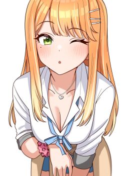 1girl animal_print arm_under_breasts blue_ribbon blush breasts chain chain_necklace cleavage commentary_request cowboy_shot gakuen_idolmaster green_eyes gyaru hair_ornament hairclip heart heart_necklace highres idolmaster jewelry kogal large_breasts leaning_forward leopard_print long_hair loose_neck_ribbon monochrome neck_ribbon necklace niban_(puka_0507) one_eye_closed orange_hair parted_bangs parted_lips print_scrunchie ribbon school_uniform scrunchie shirt shiun_sumika simple_background sleeves_rolled_up solo standing straight_hair swept_bangs white_background white_shirt wrist_scrunchie