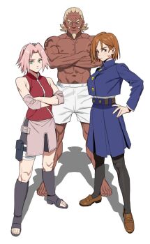 1boy 2girls a_(naruto) abs arm_tattoo blonde_hair breasts brown_eyes brown_hair crossed_arms crossover cyjalway dark-skinned_male dark_skin detached_sleeves facial_hair feet full_body hand_on_own_hip haruno_sakura highres jujutsu_kaisen kugisaki_nobara large_breasts multiple_girls muscular muscular_male mustache pantyhose pink_hair shoes shorts skirt smile sweatdrop tattoo toeless_legwear white_background