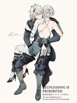 1boy 1girl arm_around_waist armored_boots bandaged_arm bandaged_leg bandaged_neck bandages black_gloves black_pants black_shoes black_sleeves blue_negligee boots braid braided_hair_rings butt_crack couple crossed_bangs detached_sleeves full_body fur-trimmed_vest fur_trim gloves grey_hair hair_between_eyes hair_rings hetero high_heels highres hug kaine_(nier) kurosawa_kazuto nier_(brother) nier_(brother)_(post_timeskip) nier_(series) pants shoes sitting sitting_on_lap sitting_on_person twitter_username vest