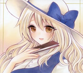 1girl blonde_hair blue_bow blue_dress bow breasts commentary_request dress hand_fan hat hat_bow highres holding holding_fan long_hair marker_(medium) open_mouth portrait shirt single_strap smile solo touhou traditional_media watatsuki_no_toyohime white_hat white_shirt yellow_eyes yuuki_hana_(jtnp5334)