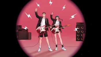 Rule 34 | 1boy, 1girl, amplifier, apt. (rose &amp; bruno mars), arm up, backwards hat, black jacket, black shorts, bruno mars, commentary request, crop top, electric guitar, film grain, guitar, hairband, hat, highres, instrument, jacket, korean commentary, midriff, open mouth, parody, rose (blackpink), shoes, shorts, sidelocks, siro666b, smile, socks, spy x family, white hairband, white shoes, white socks