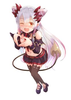 1girl ;d bare_shoulders belt between_breasts black_shirt black_shoes black_skirt black_sleeves black_thighhighs black_vest blush bra breasts cleavage commentary_request cone_hair_bun crop_top cropped_vest curled_horns demon_girl demon_horns demon_tail detached_sleeves double_bun frilled_skirt frills full_body gradient_background gradient_hair grey_hair hair_bun haniwa_(leaf_garden) headgear heart heart_hands highres horns indie_virtual_youtuber lace_shirt leaning_forward long_hair looking_at_viewer medium_breasts midriff miniskirt multicolored_hair nail_polish navel necktie necktie_between_breasts one_eye_closed open_clothes open_mouth open_vest orange_eyes panties panty_straps pink_hair pink_nails pink_streaks platform_heels platform_shoes pleated_skirt pointy_ears red_belt red_bra red_horns red_necktie red_panties shirt shoes side_up_bun simple_background skirt sleeveless sleeveless_shirt smile solo spiked_horns stirrup_legwear streaked_hair suou_patra suou_patra_(1st_costume) tail thighhighs toeless_legwear transparent_background underwear very_long_hair vest virtual_youtuber zettai_ryouiki