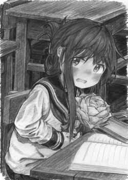 1girl blush commentary_request flower folded_ponytail graphite_(medium) greyscale hat highres holding holding_flower inazuma_(kancolle) irogawara_naomitu kantai_collection long_hair looking_at_viewer monochrome open_mouth rose school_uniform serafuku sitting solo traditional_media