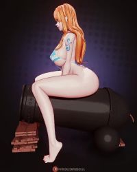 1girl 2022 3d adapted_costume animated ass barefoot bikini breasts cannon choker cleavage curvy earrings female_focus green_bikini jewelry large_breasts legs lipstick long_hair looking_at_viewer makeup nami_(one_piece) nami_(one_piece)_(return_to_sabaody) navel one-piece_swimsuit one-piece_thong one_piece orange_hair parted_lips rushzilla sitting smile solo string_bikini swimsuit tagme tattoo thick_thighs thighs thong underboob video wide_hips