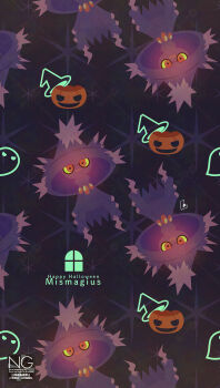 closed_mouth colored_sclera gen_4_pokemon ghost glowing glowing_eyes halloween hat highres jack-o&#039;-lantern looking_at_viewer meme_(sleepsheep) mismagius nintendo no_humans pokemon pokemon_(creature) pokemon_focus pumpkin red_eyes witch_hat yellow_eyes yellow_sclera