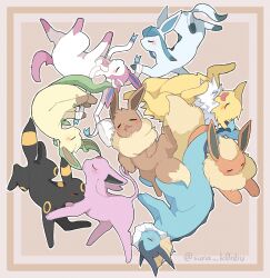abstract_background animal_focus artist_name black_fur blush border closed_eyes eevee espeon everyone fins flareon gen_1_pokemon gen_2_pokemon gen_4_pokemon gen_6_pokemon glaceon highres jolteon leafeon multicolored_fur nintendo no_humans open_mouth orange_fur outline pillow pink_fur pokemon pokemon_(creature) pokemon_focus sleeping smile suna_k0nbu sylveon umbreon vaporeon white_fur white_outline yellow_fur