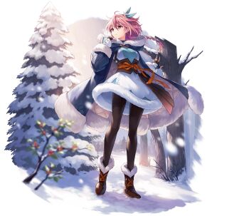 1girl aqua_dress aqua_hairband arondight_(phantom_of_the_kill) braid brown_footwear brown_pantyhose dress fingerless_gloves forest full_body gloves hairband highres hood hooded_jacket jacket mai.e nature official_alternate_costume official_art open_mouth orange_ribbon outdoors pantyhose phantom_of_the_kill pink_eyes pink_hair ribbon snow snow_on_tree solo standing transparent_background tree two-tone_dress underbust white_dress winter