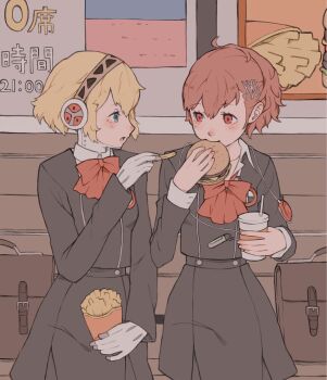 2girls aigis_(persona) android bench black_jacket black_skirt blonde_hair blue_eyes bow brown_bag burger cowboy_shot cup digital_media_player digital_walkman disposable_cup drink eating food french_fries from_side gekkoukan_high_school_uniform gold_hairband hair_ornament hairband hairclip highres holding holding_burger holding_cup holding_drink holding_food jacket looking_at_another mechanical_hands multiple_girls on_bench open_mouth persona persona_3 persona_3_portable ponytail profile red_bow red_eyes red_hair robot_ears school_uniform shiomi_kotone sitting skirt tbjj1208 walkman_nw-s203f