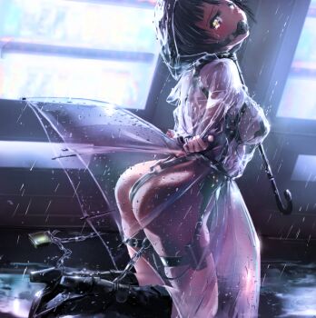 1girl anal anal_hook anal_object_insertion arms_behind_back ball_gag bdsm black_hair blush bondage boots bound breasts brown_eyes chain commentary_request exhibitionism gag gagged high_heel_boots high_heels hood hood_up hook lock looking_at_viewer medium_breasts object_insertion original padlock public_indecency rain raincoat remote_control_vibrator restrained see-through_clothes see-through_raincoat sex_toy short_hair solo umbrella vending_machine vibrator yamao0920