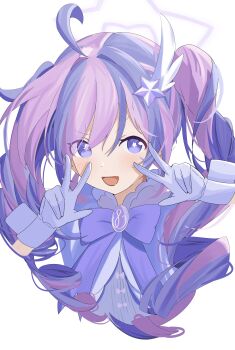 1girl :d absurdres ahoge blue_archive blue_hair blush bow bowtie braid chanshiyu commentary cropped_torso double_v dress gloves hair_ornament halo highres long_hair looking_at_viewer multicolored_hair official_alternate_costume official_alternate_hairstyle open_mouth pink_hair purple_bow purple_bowtie purple_dress purple_eyes purple_halo reisa_(blue_archive) reisa_(magical)_(blue_archive) sidelocks simple_background smile smug solo star-shaped_pupils star_(symbol) star_hair_ornament star_halo streaked_hair symbol-shaped_pupils twin_braids twintails two-tone_hair upper_body v v-shaped_eyebrows v_over_eye white_background white_gloves wing_hair_ornament