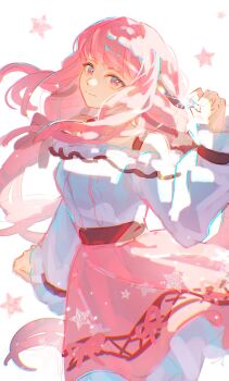 Rule 34 | 1girl, absurdres, bare shoulders, black bow, black ribbon, bow, bra strap, center frills, chalkboard, chinese commentary, closed mouth, commentary, commentary request, cowboy shot, english commentary, floating clothes, floating hair, frilled shirt, frilled skirt, frilled sleeves, frills, hair bow, hair ribbon, happy, head tilt, highres, holding, holding star, infinity nikki, light particles, long hair, long sidelocks, long sleeves, looking at viewer, low twintails, miniskirt, nikki (nikki), nikki (series), off-shoulder shirt, off shoulder, perfect start (infinity nikki), pink eyes, pink hair, pink skirt, pointy nose, print skirt, puffy long sleeves, puffy sleeves, ribbon, shen shen ruqi, shirt, sidelocks, skirt, smile, snowflake print, solo, standing, star (sky), star (symbol), star symbol background, textless version, tress ribbon, twintails, very long hair, wavy hair, white background, white shirt