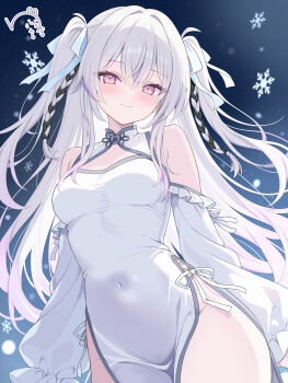 Rule 34 | 1girl, absurdres, artist logo, artist name, blue background, blush, breasts, character request, china dress, chinese clothes, commentary, commission, covered navel, cowboy shot, crossed bangs, dress, grey hair, groin, hair intakes, highres, logo, long hair, mandarin collar, medium breasts, multicolored hair, pankou, pink eyes, pink hair, puffy sleeves, ribbon, side-tie swimsuit, side slit, skeb commission, smile, snow-yuuki, snowflakes, solo, streaked hair, two side up, white dress, white ribbon