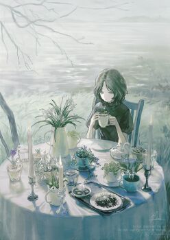 1girl absurdres black_hair black_shirt bowl branch candle candlestand chair closed_mouth coffee_mug commentary_request copyright_notice cup daisy_(flower) day flower flower_request grey_eyes highres holding holding_cup kotorino_mabuta mug on_chair original outdoors plant plate potted_plant sad shirt short_hair short_sleeves sitting solo table tablecloth tearing_up tray watermark white_flower