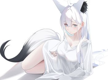 1girl ahoge animal_ear_fluff animal_ears aqua_eyes black_tail braid commentary_request crossed_bangs double-parted_bangs extra_ears fox_ears fox_girl fox_tail full_body highres hololive long_hair looking_at_viewer multicolored_tail naked_shirt pout shirakami_fubuki shirt side_braid sidelocks simple_background single_braid solo tail tanishi_(hetianming11093) virtual_youtuber white_background white_hair white_shirt white_tail
