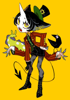 1girl absurdres animal animal_ears bird black_hair black_shirt black_shorts black_thighhighs boots cat_ears coat crow demon_tail extra_arms full_body grey_eyes hand_on_own_hip hat highres looking_at_viewer momomo_906 multicolored_eyes original red_coat sea_slug sharp_teeth shirt short_hair shorts simple_background solo standing striped_coat tail teeth thighhighs top_hat yellow_background yellow_eyes