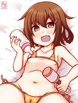 1girl artist_logo baby_bottle bikini bottle brown_eyes brown_hair cameltoe commentary_request covered_erect_nipples dated fang flat_chest gold_bikini holding holding_rattle ikazuchi_(kancolle) kanon_(kurogane_knights) kantai_collection logo lying navel rattle short_hair side-tie_bikini_bottom smile solo swimsuit