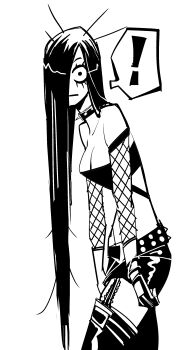 Rule 34 | !, 1girl, :|, absurdres, arms at sides, bare shoulders, belt, boots, breasts, cleavage, closed mouth, collar, commentary, constricted pupils, copyright request, crop top, elbow gloves, english commentary, eyelashes, fingerless gloves, fishnet gloves, fishnets, gloves, greyscale, hair over one eye, highres, leaning forward, long hair, looking at viewer, loose hair strand, medium breasts, midriff, monochrome, shorts, simple background, sirk9, solo, spiked belt, spiked collar, spikes, spoken exclamation mark, standing, strapless, surprised, thigh boots, thighhighs, tube top, very long hair, white background, wide-eyed