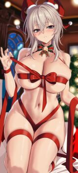1girl absurdres alternate_costume bare_shoulders bell black_eyes blurry blurry_background blush breasts christmas cleavage commentary english_commentary full_body hair_between_eyes hand_up highres horns huge_breasts indoors kneeling kook long_hair looking_at_viewer medium_hair naked_ribbon navel parted_lips red_ribbon ribbon solo stomach sweat thighs white_hair wuthering_waves zani_(wuthering_waves)