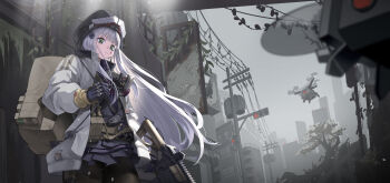 1girl absurdres black_headwear blue_gloves blue_skirt blurry brown_bag building clukay_(neural_cloud) commentary_request cowboy_shot depth_of_field drone future_cake girls'_frontline girls'_frontline_neural_cloud gloves green_eyes gun highres hk416_(girls'_frontline) holding holding_gun holding_weapon jacket korean_commentary long_hair long_sleeves looking_at_viewer looking_down machine military open_clothes open_jacket outdoors plant pleated_skirt skirt solo standing tactical_clothes traffic_light utility_pole vines weapon white_hair white_jacket