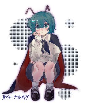 1girl antennae black_cape black_shoes black_shorts blush cape character_name closed_mouth collared_shirt full_body green_eyes green_hair hashtag-only_commentary highres kouyicha long_sleeves looking_at_viewer mary_janes red_cape shirt shoes short_hair shorts smile socks solo squatting touhou two-sided_cape two-sided_fabric white_background white_shirt white_socks wriggle_nightbug