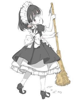1girl apron black_eyes black_hair blush broom commentary_request dress full_body holding holding_broom looking_at_viewer looking_back maid mary_janes okuribi original pointy_ears shoes short_hair solo