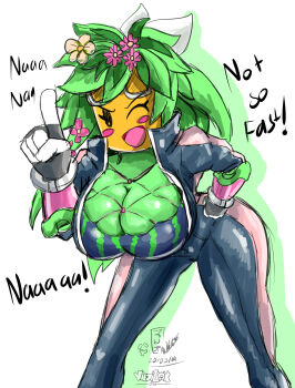 1girl blaster_master_zero breasts cleavage colored_skin green_skin highres huge_breasts kanna_(blaster_master_zero) plant viejillox