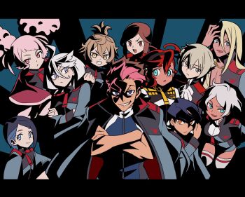 4boys 6+girls :o afro_puffs annoyed asticassia_school_uniform blonde_hair blue_eyes blue_hair brown_eyes brown_hair chuatury_panlunch colored_inner_hair crossed_arms dark-skinned_female dark-skinned_male dark_skin double_bun elan_ceres everyone felsi_rollo frown green_eyes green_hair green_jacket green_shorts grey_hair guel_jeturk gundam gundam_suisei_no_majo hair_behind_ear hair_between_eyes hair_bun highres hood hoodie jacket jacket_on_shoulders lauda_neill letterboxed miorine_rembran multicolored_hair multiple_boys multiple_girls nika_nanaura parted_lips petra_itta pink_hair pink_hoodie red_hair school_uniform secelia_dote shaddiq_zennelli short_hair shorts smile suletta_mercury tengen_toppa_gurren_lagann thighhighs ttgl_eyecatch usoco v-shaped_eyebrows white_jacket white_thighhighs