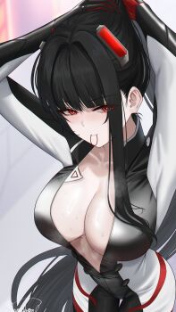 1girl absurdres black_bodysuit black_hair blue_archive blush bodysuit breasts cleavage hair_ornament halo high_ponytail highres large_breasts long_hair looking_at_viewer ponytail red_eyes rio_(blue_archive) rio_(bodysuit)_(blue_archive) sidelocks solo sweat tying_hair yamikyon