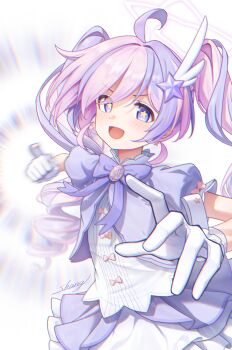 1girl absurdres ahoge blue_archive bow bowtie chinese_commentary clenched_hand commentary_request drill_hair earrings fu_shang gloves hair_ornament halo highres imminent_punch jewelry long_hair magical_girl multicolored_hair open_mouth pink_hair purple_bow purple_bowtie purple_eyes purple_hair reisa_(blue_archive) reisa_(magical)_(blue_archive) simple_background solo star-shaped_pupils star_(symbol) star_earrings star_hair_ornament star_halo symbol-shaped_pupils twintails two-tone_hair white_background white_gloves wing_hair_ornament