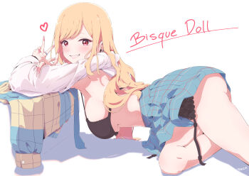 absurdres aqua_skirt armpits armrest artist_name barbell_piercing bare_legs bead_bracelet beads black_bra blonde_hair bra bracelet breasts copyright_name ear_piercing earrings fake_nails feca fingernails garter_belt garter_straps heart highres industrial_piercing jewelry kitagawa_marin large_breasts long_fingernails long_hair long_sleeves looking_at_viewer multiple_earrings nail_polish piercing pink_nails red_eyes ring shadow shirt unworn_shirt signature simple_background skirt smile sono_bisque_doll_wa_koi_wo_suru stomach stud_earrings swept_bangs thighs underwear v white_background white_shirt yellow_shirt