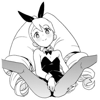1girl animal_ears black_bow black_bowtie black_leotard black_pantyhose blush bow bowtie drill_hair fake_animal_ears greyscale hand_on_own_crotch heriyama highres leotard long_hair looking_at_viewer luna_platz_(mega_man) mega_man_(series) mega_man_star_force_(series) monochrome pantyhose playboy_bunny rabbit_ears simple_background smile twin_drills very_long_hair white_background