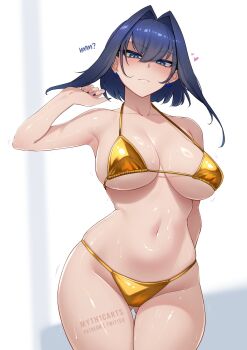 1girl arm_behind_back armpits bikini blue_eyes blue_hair bow bow_earrings breasts cleavage closed_mouth commentary cowboy_shot earrings english_commentary gluteal_fold gold_bikini hair_flaps hair_intakes halterneck hand_up highres hololive hololive_english jewelry large_breasts looking_at_viewer medium_hair myth1carts navel ouro_kronii short_hair solo stomach string_bikini sweat swimsuit thigh_gap virtual_youtuber