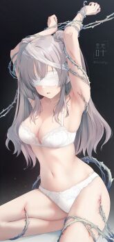 1girl armpit_crease armpits arms_behind_head arms_up artist_logo artist_name bdsm belly blindfold blood blush bondage bound bound_arms bound_wrists bow bow_bra bow_panties bowtie bra breasts cleavage clenched_hand collarbone commentary_request dark_background feet_out_of_frame female_focus foley_anden foot_out_of_frame grey_hair hair_between_eyes highres idolmaster idolmaster_shiny_colors lace lace-trimmed_bra lace-trimmed_panties lace_trim large_breasts linea_alba lingerie logo long_hair looking_ahead looking_at_viewer looking_to_the_side looking_up navel open_mouth panties parted_lips purple_eyes restrained school_uniform sidelocks simple_background sitting solo stomach thighs thorns tongue twintails two_side_up underwear underwear_only watermark white_bow white_bowtie white_bra white_panties yukoku_kiriko