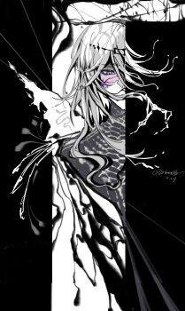 Rule 34 | 1boy, abstract, absurdres, arknights, black border, border, chinese commentary, covered mouth, cracked skin, facing viewer, greyscale, hair between eyes, highres, long hair, long hair between eyes, male focus, melting, mitterfly, monochrome, pillarboxed, pointy ears, purple eyes, scales, shalem (arknights), signature, slit pupils, snake boy, solo, split crop, spot color, straight-on, string, upper body, white background