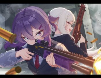 2girls artist_name black_jacket black_vest blue_archive bullet_hole chieru_(pixiv_124058144) commentary_request constricted_pupils fabarm_fp6/sdass firing gun h&amp;k_mg5 hair_ornament hairclip haruka_(blue_archive) haruka_(suit)_(blue_archive) highres holding holding_gun holding_weapon indoors jacket letterboxed long_hair machine_gun missing_halo multiple_girls mutsuki_(blue_archive) mutsuki_(suit)_(blue_archive) muzzle_flash necktie official_alternate_costume open_mouth pink_eyes pointy_ears ponytail pump_action purple_eyes purple_hair purple_pupils red_necktie scope shell_casing shirt short_ponytail shotgun side_ponytail sideways_mouth smoke smoking_barrel veiny_face vest watermark weapon white_hair white_shirt