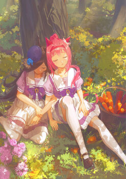 Rule 34 | 2girls, against tree, ak8531848, animal ears, basket, black shoes, blue flower, blush, brown hair, carrot, closed eyes, closed mouth, commentary, ear covers, english commentary, flower, haru urara (umamusume), hat, hat flower, highres, horse ears, horse girl, horse tail, multiple girls, open mouth, outdoors, pink hair, pleated skirt, purple hat, purple shirt, revision, rice shower (umamusume), sailor collar, school uniform, shirt, shoes, short sleeves, sitting, skirt, sleeping, tail, thighhighs, tracen school uniform, tree, umamusume, white sailor collar, white skirt, white thighhighs, zettai ryouiki
