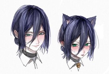 Rule 34 | 1girl, aiomita, animal ears, bell, belt collar, black choker, blush, cat ears, chainsaw man, choker, close-up, collar, collared shirt, embarrassed, green eyes, looking at viewer, multiple views, portrait, purple hair, reze (chainsaw man), shirt, short hair, simple background, sketch, smile, white background