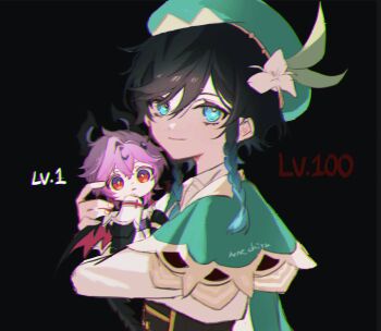 2boys aqua_eyes aqua_hair artist_name beret black_background black_bow black_bowtie black_hair black_horns black_jacket bow bowtie braid bright_pupils cape capelet closed_mouth commentary corset crossed_bangs dragon_boy dragon_horns dragon_tail dragon_wings durin_(genshin_impact) flower genshin_impact gradient_hair green_cape green_capelet green_hat hair_between_eyes hair_flower hair_ornament hat highres holding holding_mini_person horns jacket long_sleeves looking_at_viewer male_focus medium_hair mini_person miniboy multicolored_hair multiple_boys nene_chiru power_level purple_hair red_eyes shirt side_braids signature simple_background single_hair_intake sleeve_cuffs smile symbol-only_commentary tail twin_braids upper_body venti_(genshin_impact) white_corset white_flower white_pupils white_shirt wings