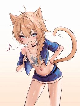 1boy ahoge animal_ears azulasi black_choker blonde_hair blue_eyes blue_shorts blush braid cat_boy cat_ears cat_tail choker commentary commission cowboy_shot cropped_jacket eighth_note english_commentary grin hair_between_eyes highres leaning_forward long_hair looking_at_viewer musical_note navel original osugaki short_shorts shorts simple_background single_braid smile tail tank_top thighs trap white_background white_tank_top