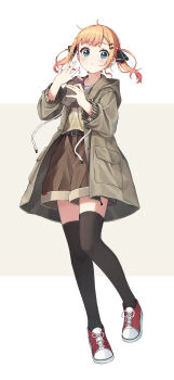 1girl :t absurdres black_thighhighs blue_eyes blush brown_jacket brown_shirt brown_shorts closed_mouth commentary_request eating enuni food full_body grey_background hands_up highres holding holding_food hood hood_down hooded_jacket hoshino_sora_(enuni) jacket long_sleeves looking_at_viewer open_clothes open_jacket original red_shoes roasted_sweet_potato shirt shoes shorts solo sweet_potato thighhighs twintails two-tone_background white_background