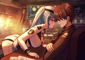 1boy 1girl absurdres ass blue_hair blush breasts brown_hair commander_(nikke) crossed_arms goddess_of_victory:_nikke hat hetero highres jimpu6 leaning_forward long_hair medium_breasts parted_lips plant potted_plant privaty_(nikke) sleeping twintails yellow_eyes