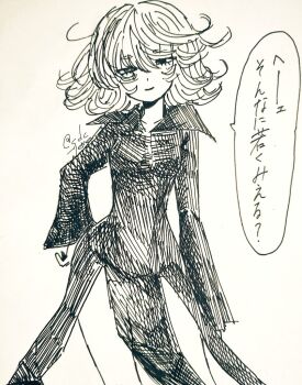 1girl ? artist_request bare_legs curly_hair curvy dress hand_on_own_hip highres looking_at_viewer monochrome one-punch_man smile solo tatsumaki translation_request wide_hips