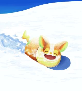 asgr_pww blue_sky breath closed_eyes commentary_request fangs gen_8_pokemon nintendo no_humans open_mouth outdoors pokemon pokemon_(creature) pokemon_focus sky snow yamper