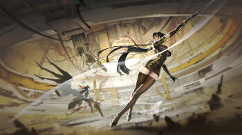 1girl absurdres battle black_eyes black_gloves black_hair black_thighhighs breasts broken broken_sword broken_weapon chinese_commentary commentary_request cross-laced_slit crossed_legs dynamic_pose elbow_gloves eve_(stellar_blade) gloves highres holding holding_sword holding_weapon large_breasts long_hair looking_to_the_side naytiba_(stellar_blade) solo_focus stellar_blade sword thighhighs tommy_amphibia very_long_hair weapon wide_shot