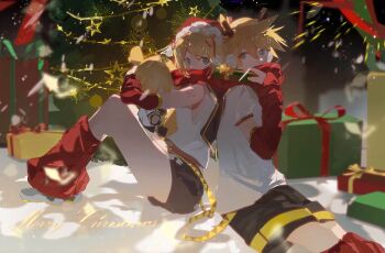1boy 1girl absurdres alternate_costume antlers aqua_eyes black_shorts blonde_hair box character_doll detached_sleeves doll full_body gift gift_box hat highres horns kagamine_len kagamine_rin leg_warmers looking_at_viewer merry_christmas momo43757115 red_leg_warmers red_ribbon red_scarf reindeer_antlers ribbon santa_hat scarf scarf_over_mouth shared_clothes shared_scarf shirt shorts sitting vocaloid white_shirt yellow_trim