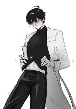 1boy black_eyes black_hair black_shirt blush coat collared_shirt feet_out_of_frame hair_between_eyes highres kim_dokja male_focus midriff omniscient_reader&#039;s_viewpoint open_clothes open_coat partially_colored plu_awk shirt short_hair solo sweatdrop unbuttoning white_coat