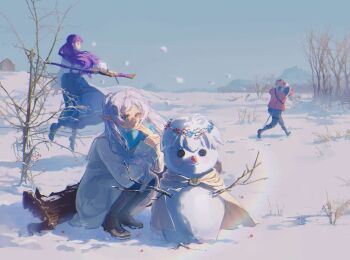 1boy 2girls axe bare_tree battle_axe black_skirt blue_scarf boots brown_boots character_snowman clear_sky closed_mouth coat commentary_request elf fern_(sousou_no_frieren) footprints frieren green_eyes half_updo highres himmel_(sousou_no_frieren) holding holding_staff holly jumping log long_hair long_sleeves magic multiple_girls narcisco outdoors pointy_ears purple_hair scarf skirt sky smile snow snowball snowball_fight snowman sousou_no_frieren squatting staff stark_(sousou_no_frieren) tree twintails weapon weapon_on_back white_coat white_hair winter