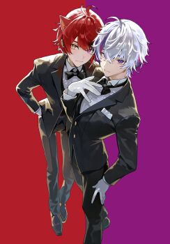 2boys ahoge alternate_costume animal_ears antenna_hair black_bow black_bowtie black_suit bow bowtie closed_mouth dog_ears formal_clothes fuwa_minato gloves hair_between_eyes hand_in_pocket hand_on_own_leg heterochromia highres long_sleeves looking_at_viewer male_focus multicolored_hair multiple_boys nijisanji purple_eyes red_hair rinu_(stpri) short_hair standing strawberry_prince streaked_hair suit tsukishiro_yashiro two-tone_background virtual_youtuber white_gloves white_hair