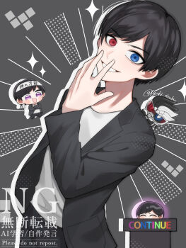 Rule 34 | 1boy, absurdres, bags under eyes, black hair, black jacket, black pants, blue eyes, chibi, chibi inset, commentary request, continue, cowboy shot, dan kuroto, glitch, grey background, grin, headband, heterochromia, highres, hoshi no shizuku, jacket, kamen rider, kamen rider ex-aid (series), kamen rider genm, kamen rider genm (zombie gamer level x), looking at viewer, male focus, multiple persona, pants, purple eyes, red eyes, ringed eyes, scene reference, shirt, short hair, smile, solo, sparkle, tokusatsu, white headband, white shirt