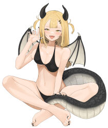 Rule 34 | 1girl, :d, absurdres, adjusting clothes, adjusting strap, adjusting swimsuit, black nails, blonde hair, chinese zodiac, commentary request, crossed ankles, dragon girl, dragon horns, dragon tail, dragon wings, fangs, grabbing own tail, gyaru, hair ornament, hairclip, highres, horns, indian style, long hair, mameroku, nail polish, navel, open mouth, original, simple background, sitting, slit pupils, smile, solo, swimsuit, tail, teeth, toenail polish, toenails, tongue, tongue out, two side up, white background, wings, year of the dragon, yellow eyes